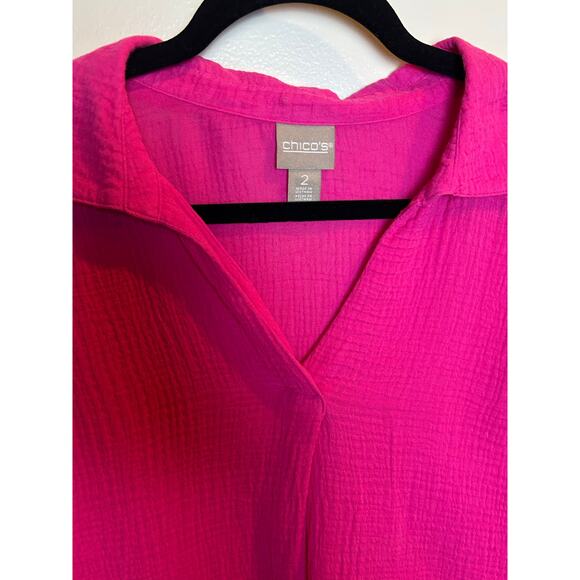 Chico’s Women Size 2 8/10 Gauzy Pink V Neck Long Sleeve Preppy Barbie - Picture 2 of 8